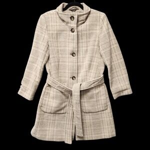 DKNY Plaid Wool Blend Coat Womens XS Beige‎ Button-Front Lined Belted Preppy